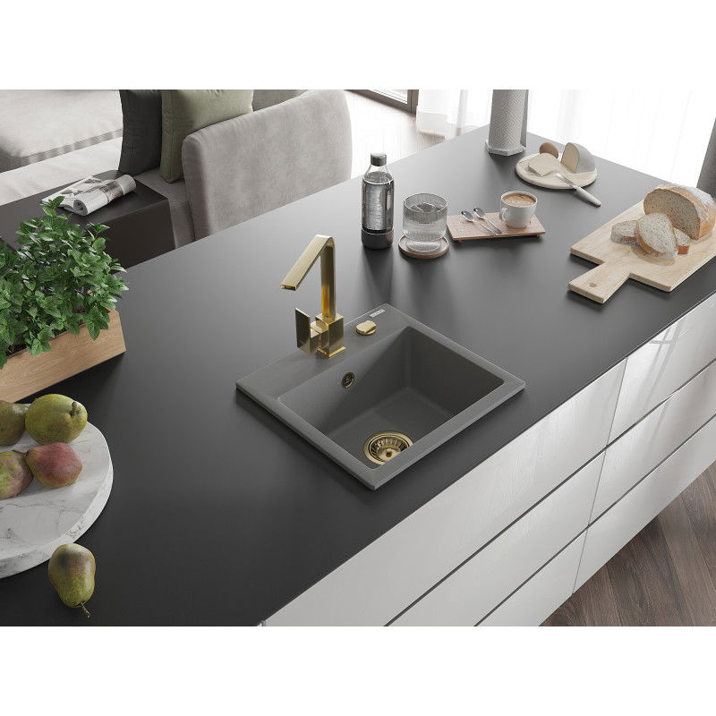 Mexen Milo lava-louça de granito de 1 bacia com torneira de cozinha Rita, cinza - 6505-71-670300-50