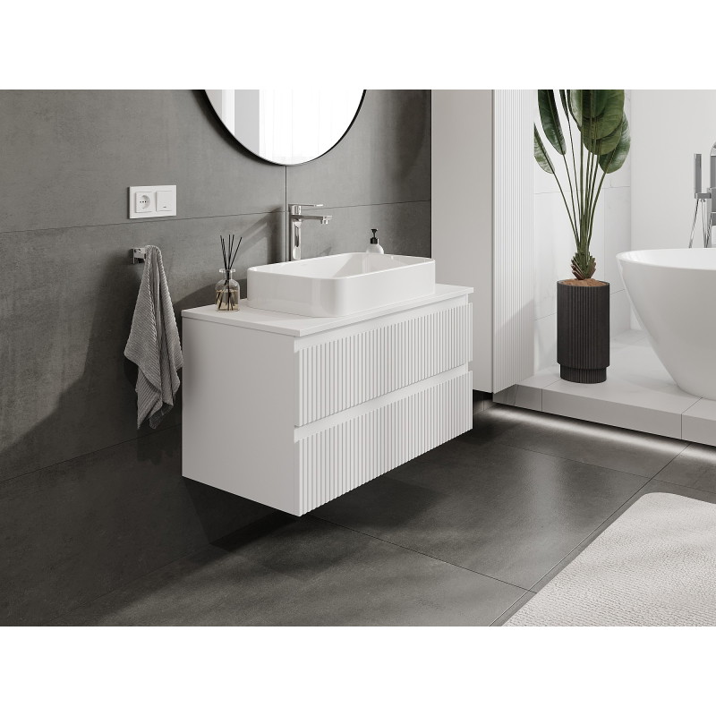 Mexen Rivel armoire de salle de bain sous lavabo 90 cm avec plateau, 2 tiroirs, rainurée, blanc mat - 91A20-09047-2-BFFC01