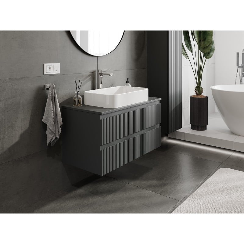 Mexen Rivel szafka łazienkowa podumywalkowa 90 cm z blatem, 2 szuflady, ryflowana , grafit mat - 91A20-09047-2-BFFC66