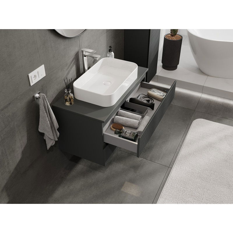 Mexen Rivel 90 cm Under-Sink Bathroom Cabinet with Countertop, 2 Drawers, Ribbed, Matte Graphite - 91A20-09047-2-BFFC66