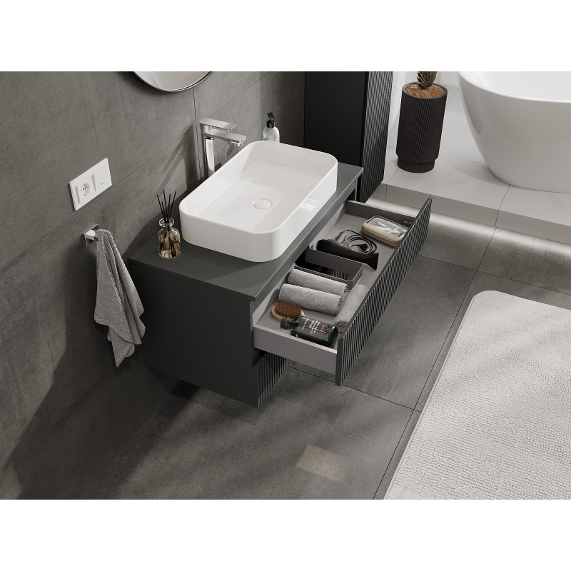 Mexen Rivel mueble de baño bajo lavabo de 90 cm con encimera, 2 cajones, acanalado, grafito mate - 91A20-09047-2-BFFC66
