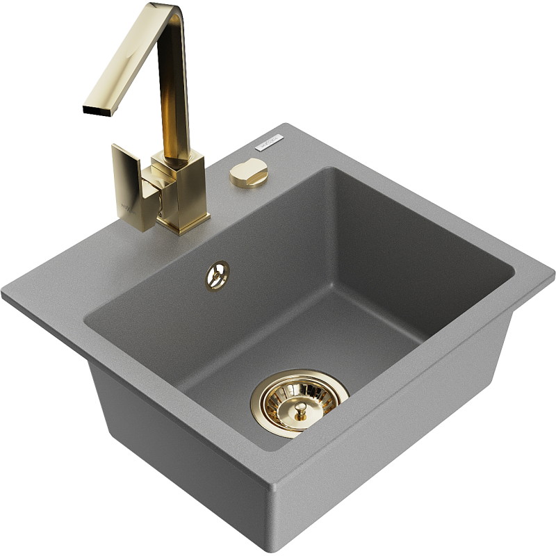 Mexen Milo évier en granit 1 bac avec robinet de cuisine Rita, gris - 6505-71-670300-50
