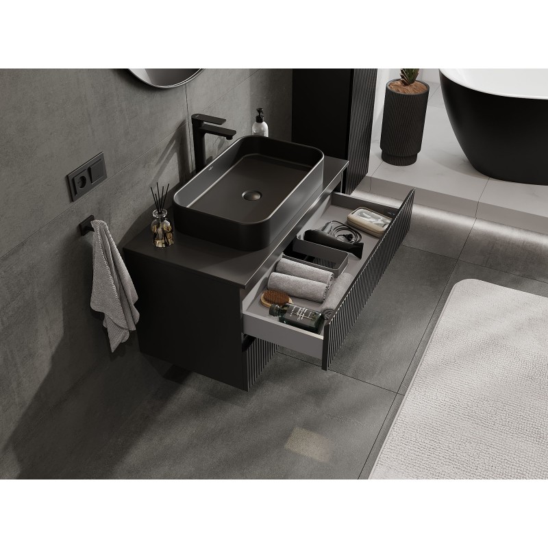 Mexen Rivel mobile da bagno sotto lavabo 90 cm con piano, 2 cassetti, scanalato, nero opaco - 91A20-09047-2-BFFC71