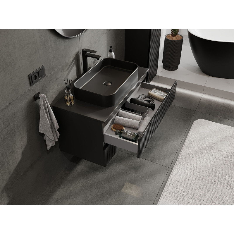 Mexen Rivel mobiletto da bagno sotto lavabo 90 cm con piano, 2 cassetti, scanalato, nero opaco - 91A20-09047-2-BFFC71