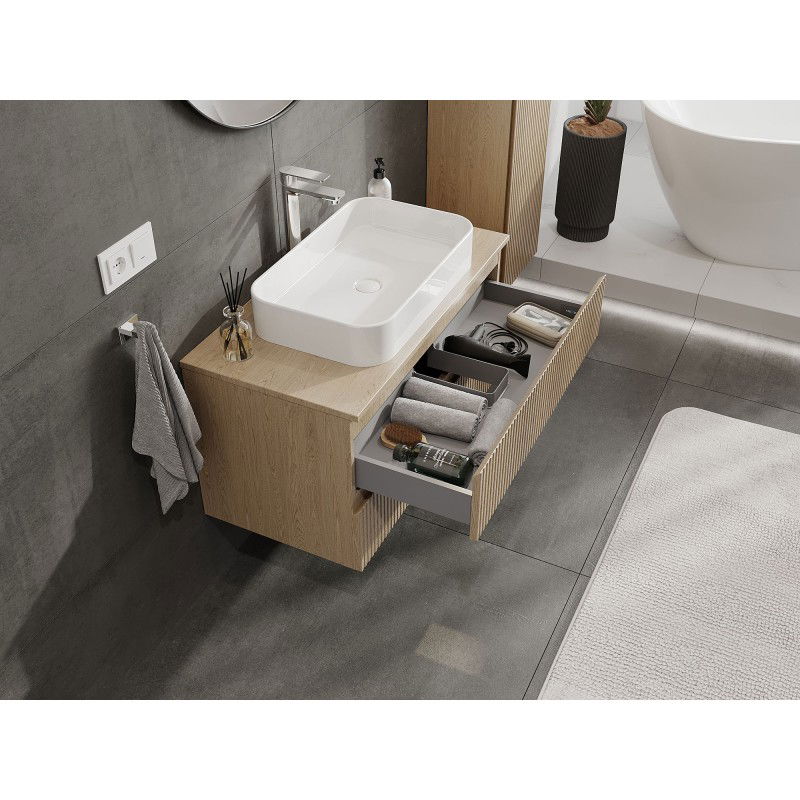Mexen Rivel meuble de salle de bain sous-vasque 90 cm avec plateau, 2 tiroirs, rainurés, chêne - 91A20-09047-2-BFFC81