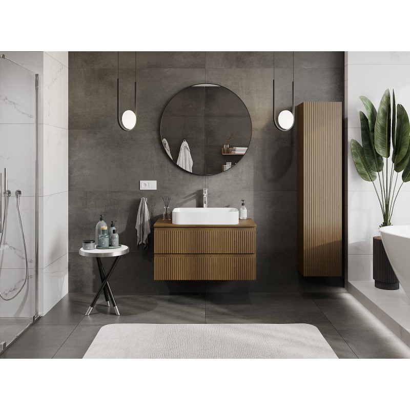 Mexen Rivel mueble de baño bajo el lavabo de 90 cm con encimera, 2 cajones, acanalado, nogal - 91A20-09047-2-BFFC86