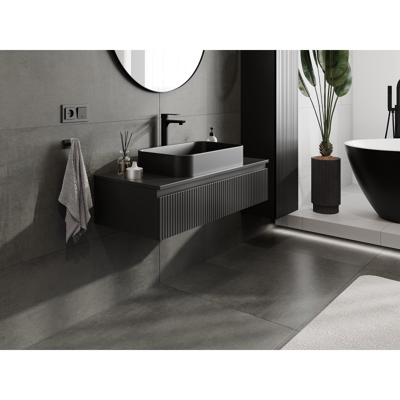 Mexen Rivel mueble de baño bajo lavabo de 100 cm con encimera, 1 cajón, ranurado, negro mate - 91A20-10023-1-BFC71