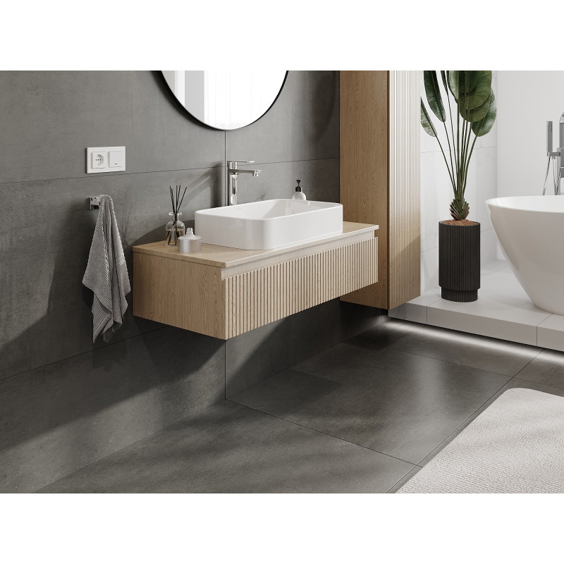 Mexen Rivel 100 cm Bathroom Cabinet with Countertop, 1 Drawer, Fluted, Oak - 91A20-10023-1-BFC81