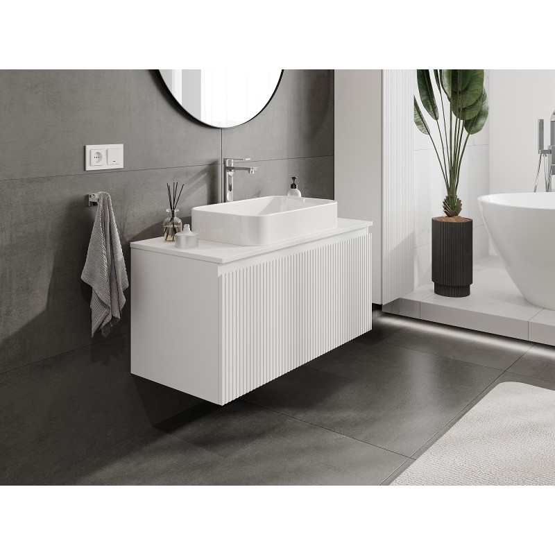 Mexen Rivel szafka łazienkowa podumywalkowa 100 cm z blatem, 1 szuflada, ryflowana , biała mat - 91A20-10047-1-BFC01