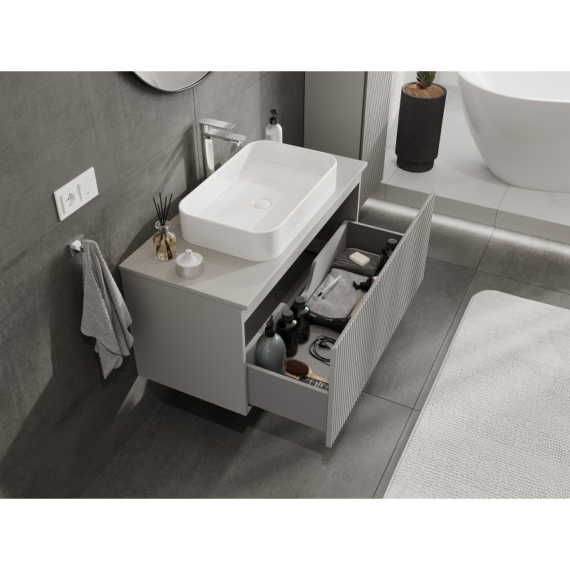 Mexen Rivel mobiletto bagno sospeso 100 cm con piano, 1 cassetto, scanalato, grigio opaco - 91A20-10047-1-BFC62