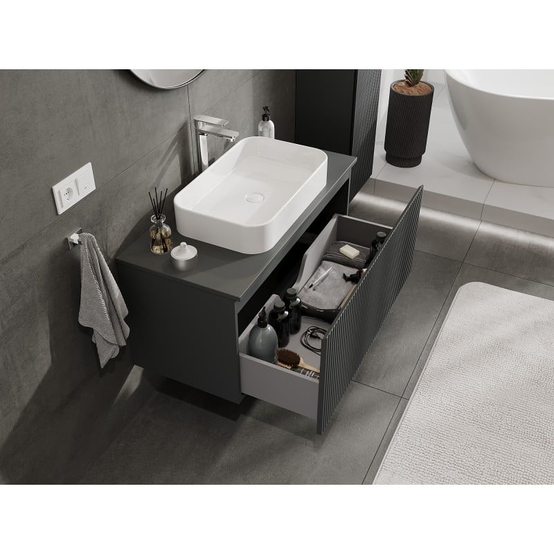 Mexen Rivel szafka łazienkowa podumywalkowa 100 cm z blatem, 1 szuflada, ryflowana , grafit mat - 91A20-10047-1-BFC66