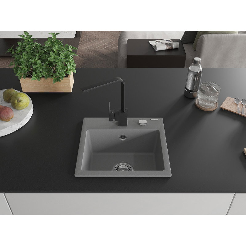 Mexen Milo 1-bowl granite sink with Rita kitchen tap, grey - 6505-71-670300-70