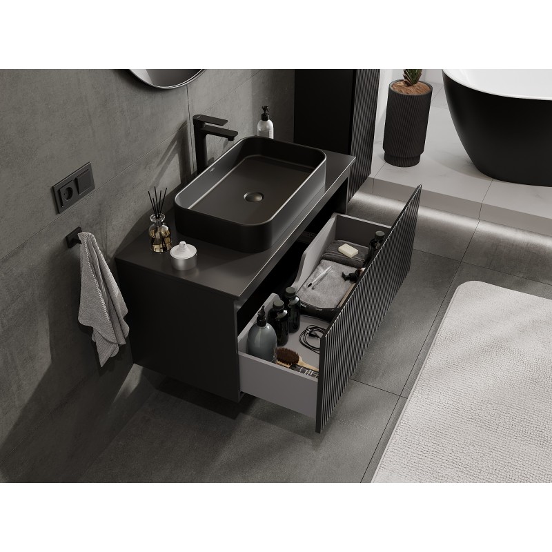 Mexen Rivel armario de baño bajo lavabo 100 cm con encimera, 1 cajón, ranurado, negro mate - 91A20-10047-1-BFC71