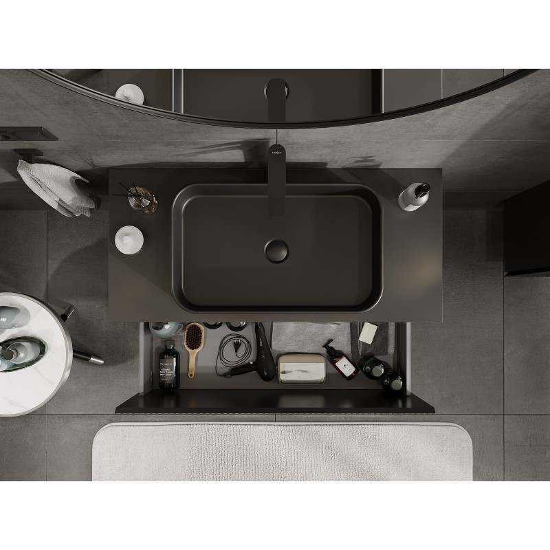 Mexen Rivel mobiletto da bagno sotto-lavabo 100 cm con piano, 1 cassetto, scanalato, nero opaco - 91A20-10047-1-BFC71