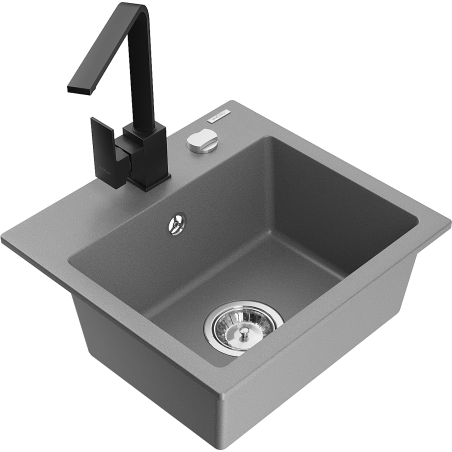 Mexen Milo fregadero de granito de 1 cubeta con grifo de cocina Rita, gris - 6505-71-670300-70