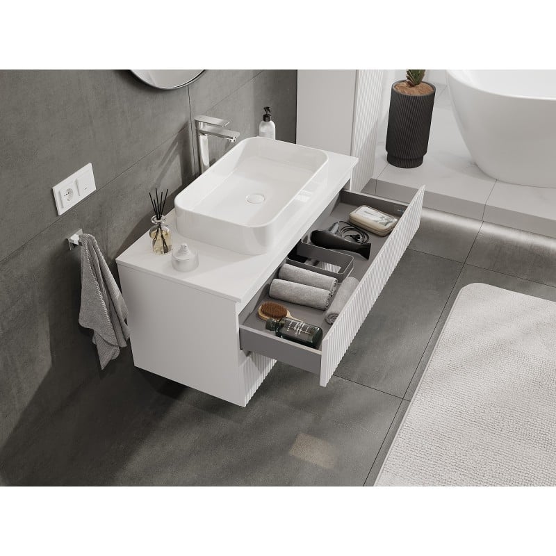 Mexen Rivel szafka łazienkowa podumywalkowa 100 cm z blatem, 2 szuflady, ryflowana , biała mat - 91A20-10047-2-BFFC01