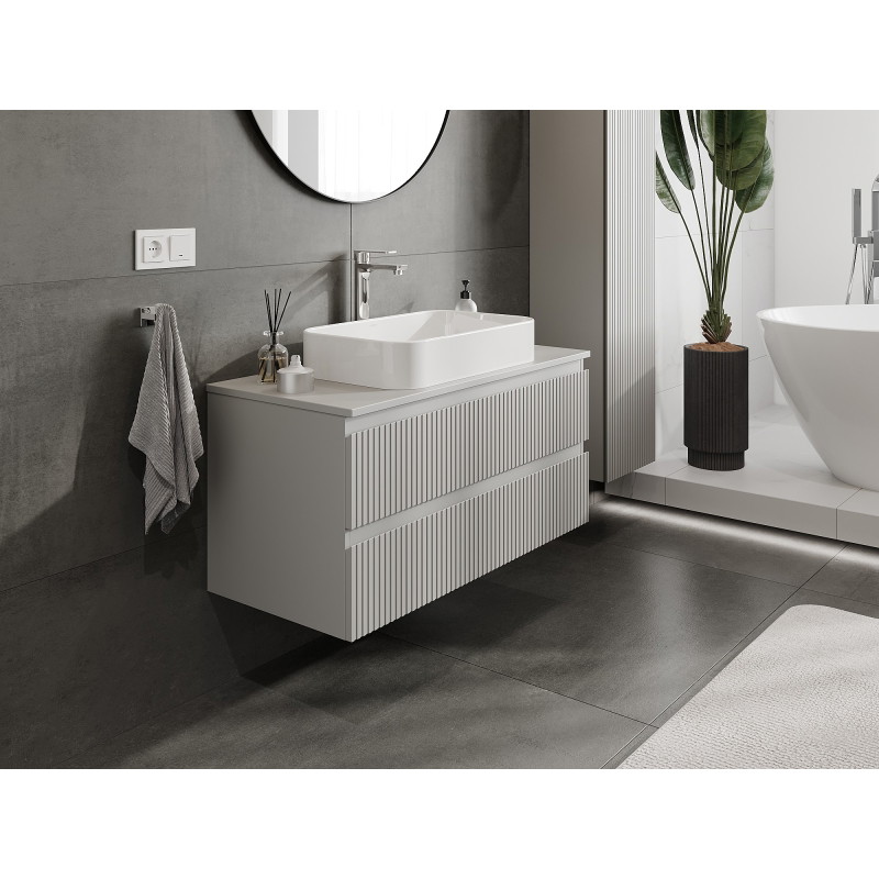 Mexen Rivel armoire de salle de bains sous lavabo 100 cm avec plateau, 2 tiroirs, rainurée, gris mat - 91A20-10047-2-BFFC62