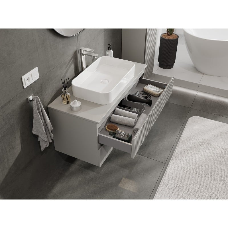 Mexen Rivel 100 cm bathroom cabinet with countertop, 2 drawers, grooved, matte grey - 91A20-10047-2-BFFC62