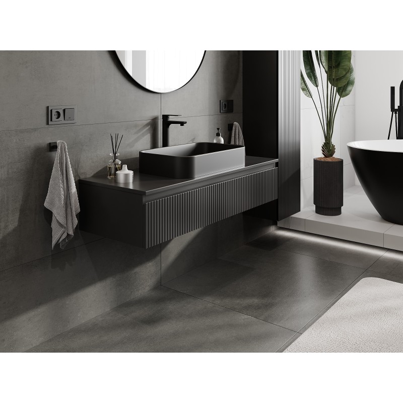 Mexen Rivel mueble de baño bajo lavabo de 120 cm con encimera, 1 cajón, ranurado, negro mate - 91A20-12023-1-BFC71