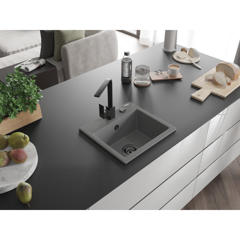 Mexen Milo fregadero de granito de 1 cubeta con grifo de cocina Rita, gris - 6505-71-670300-70-B