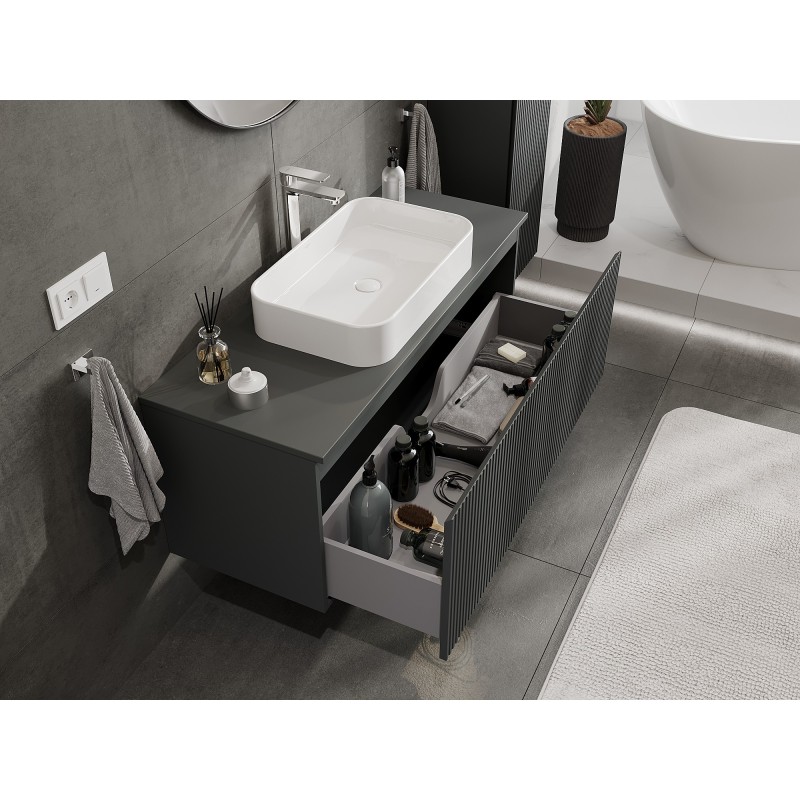 Mexen Rivel szafka łazienkowa podumywalkowa 120 cm z blatem, 1 szuflada, ryflowana , grafit mat - 91A20-12047-1-BFC66