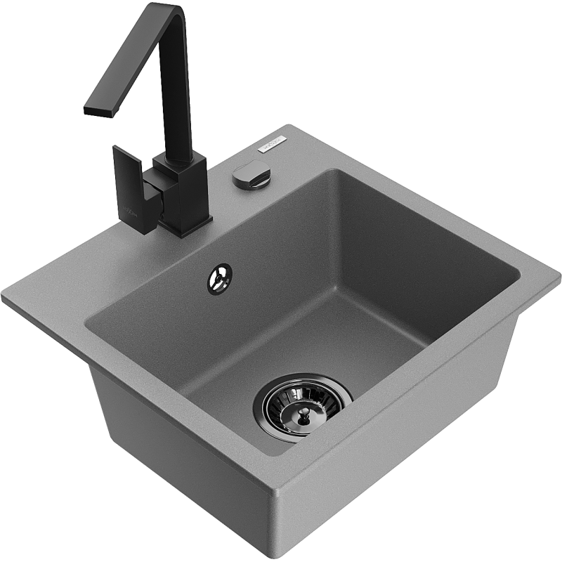 Mexen Milo fregadero de granito de 1 cubeta con grifo de cocina Rita, gris - 6505-71-670300-70-B