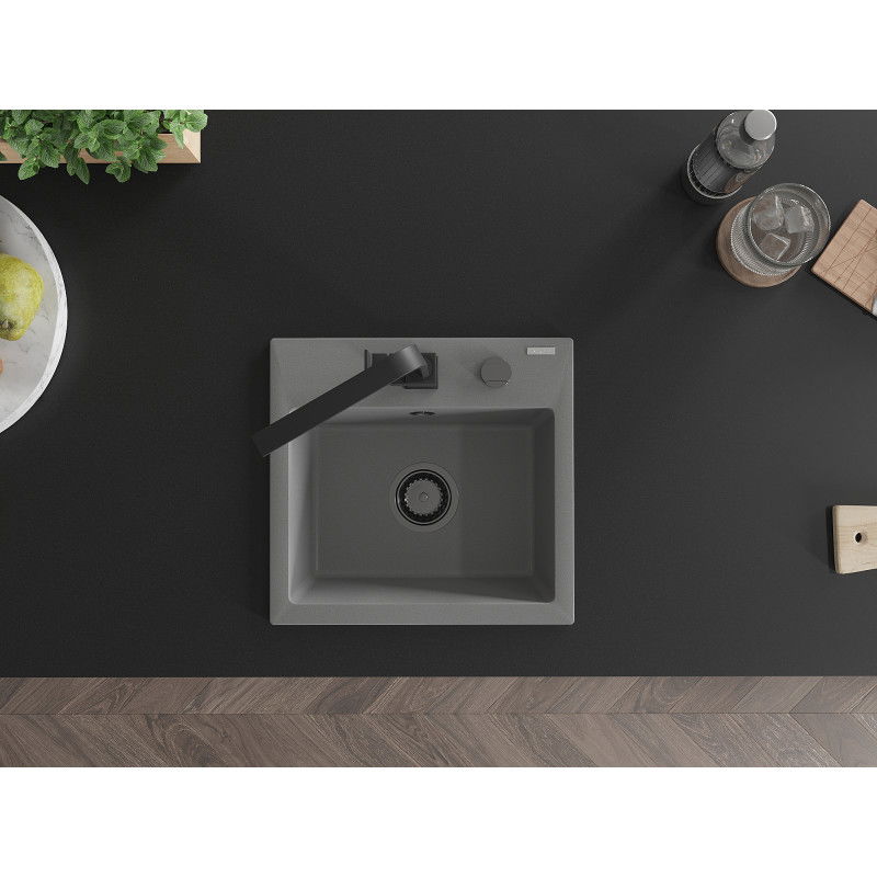 Mexen Milo fregadero de granito de 1 cubeta con grifo de cocina Rita, gris - 6505-71-670300-70-B