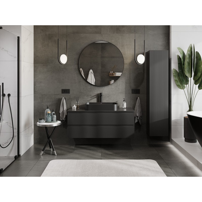 Mexen Rivel armadietto da bagno sotto lavabo 120 cm con piano, 2 cassetti, scanalato, nero opaco - 91A20-12047-2-BFFC71
