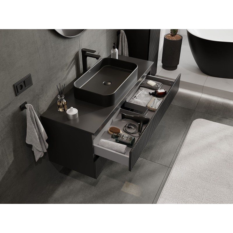 Mexen Rivel armário de casa de banho com bancada, 120 cm, 2 gavetas, frisado, preto mate - 91A20-12047-2-BFFC71