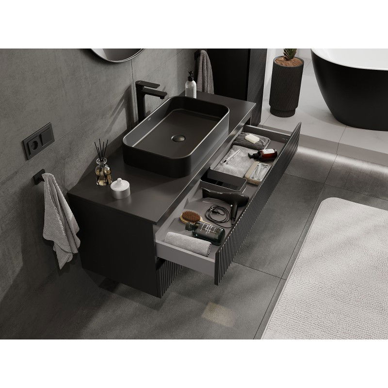 Mexen Rivel bathroom sink cabinet 120 cm with countertop, 2 drawers, fluted, matte black - 91A20-12047-2-BFFC71