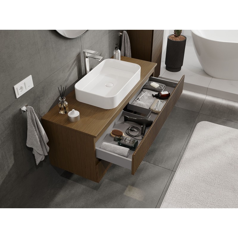 Mexen Rivel Badezimmerunterschrank 120 cm mit Platte, 2 Schubladen, geriffelt, Nussbaum - 91A20-12047-2-BFFC86