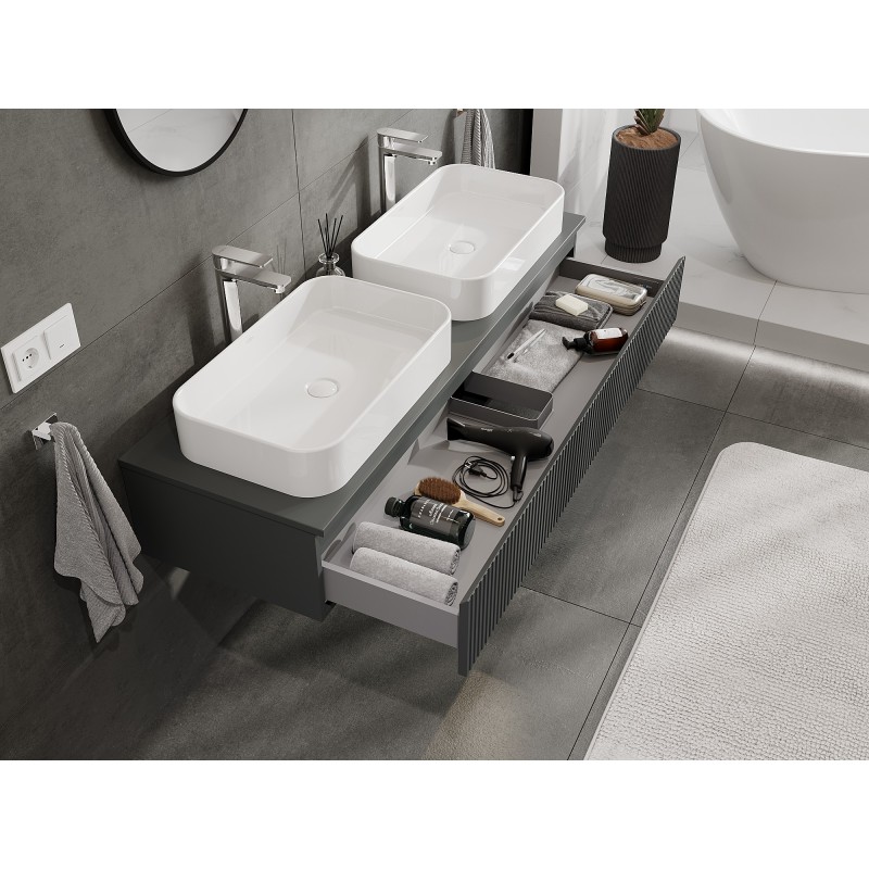 Mexen Rivel szafka łazienkowa podumywalkowa 140 cm z blatem, 1 szuflada, ryflowana , grafit mat - 91A20-14023-1-BFC66