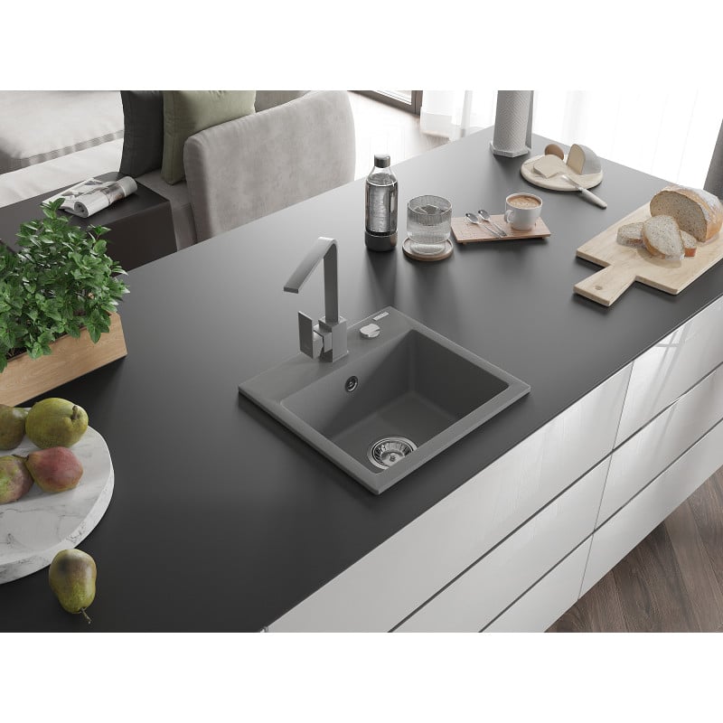 Mexen Milo fregadero de granito de 1 cubeta con grifo de cocina Rita, gris - 6505-71-670300-71