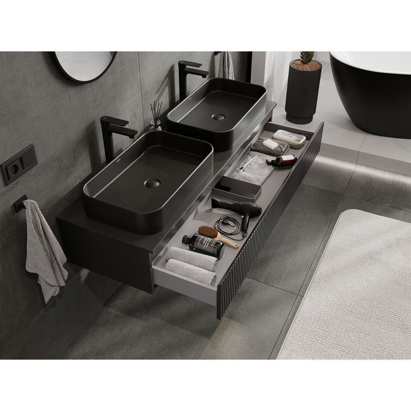 Mexen Rivel Badezimmerunterschrank 140 cm mit Platte, 1 Schublade, geriffelt, schwarz matt - 91A20-14023-1-BFC71