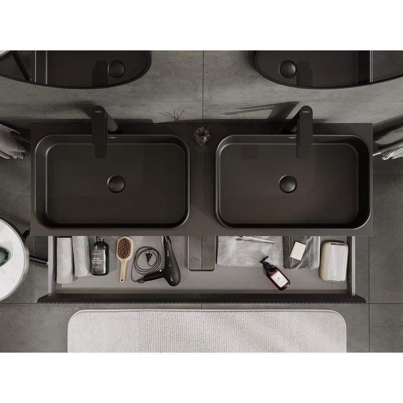 Mexen Rivel armoire de salle de bain sous lavabo 140 cm avec plateau, 1 tiroir, rainuré, noir mat - 91A20-14023-1-BFC71