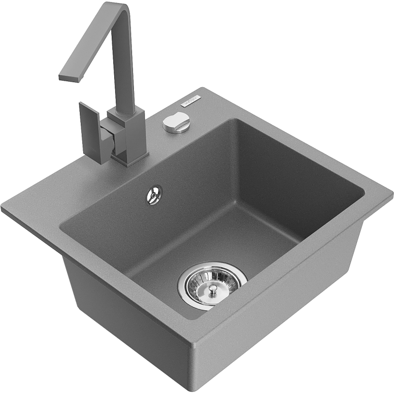 Mexen Milo fregadero de granito de 1 cubeta con grifo de cocina Rita, gris - 6505-71-670300-71