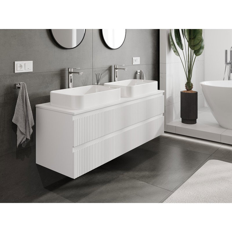 Mexen Rivel kopalniška omarica pod umivalnikom 140 cm z delovno površino, 2 predala, rebrasta, bela mat - 91A20-14047-2-BFFC01