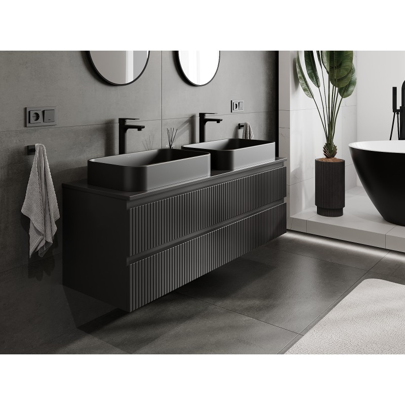 Mexen Rivel mobiletto da bagno sospeso 140 cm con piano, 2 cassetti, scanalato, nero opaco - 91A20-14047-2-BFFC71