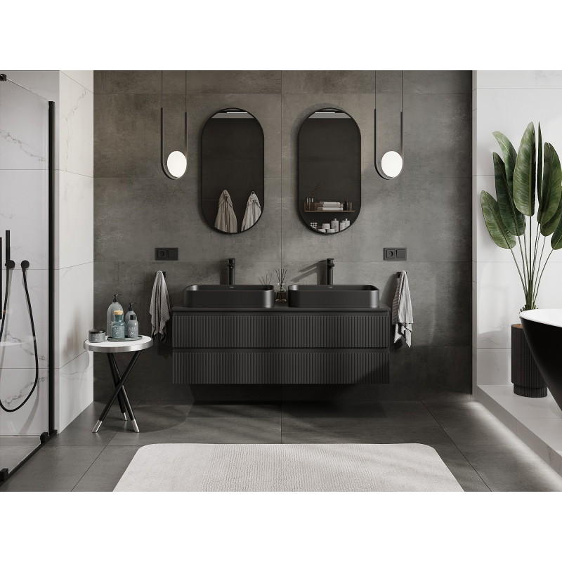 Mexen Rivel mobile da bagno sotto-lavabo 140 cm con piano, 2 cassetti, scanalato, nero opaco - 91A20-14047-2-BFFC71