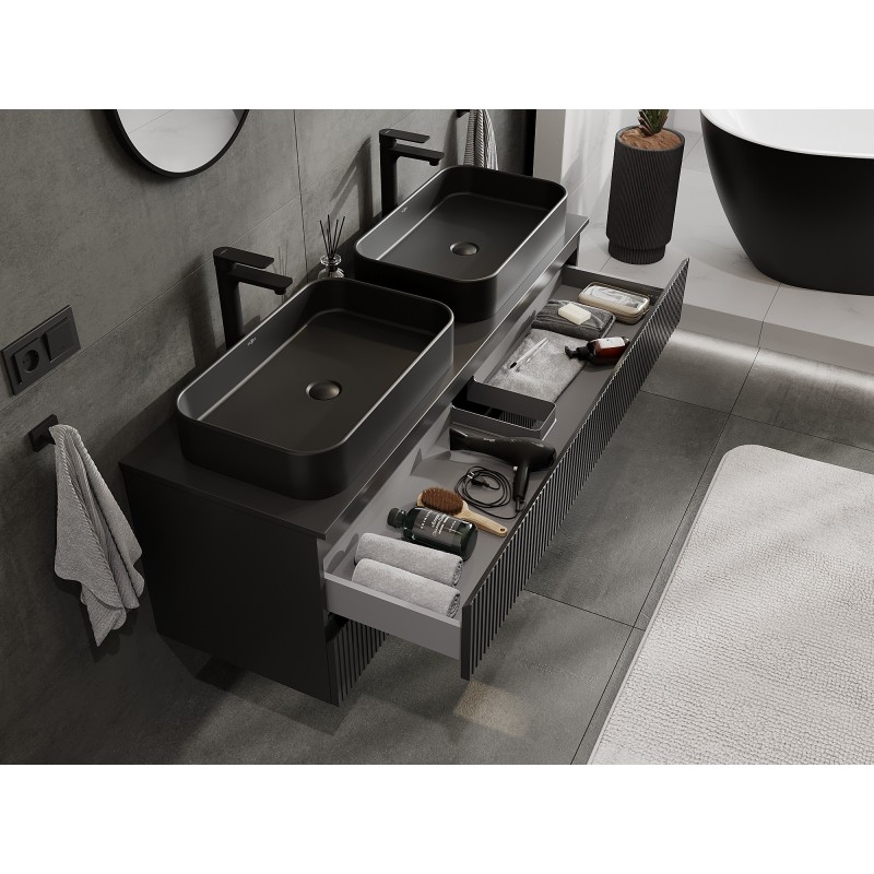 Mexen Rivel armario de baño bajo lavabo de 140 cm con encimera, 2 cajones, acanalado, negro mate - 91A20-14047-2-BFFC71