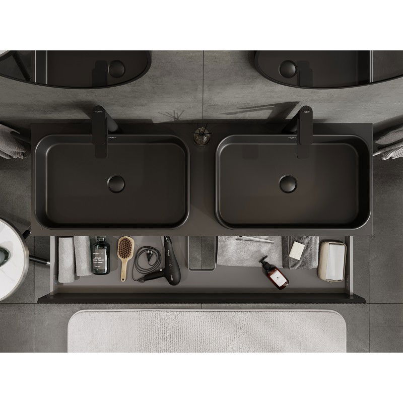 Mexen Rivel Badezimmerschrank 140 cm mit Arbeitsplatte, 2 Schubladen, geriffelt, schwarz matt - 91A20-14047-2-BFFC71