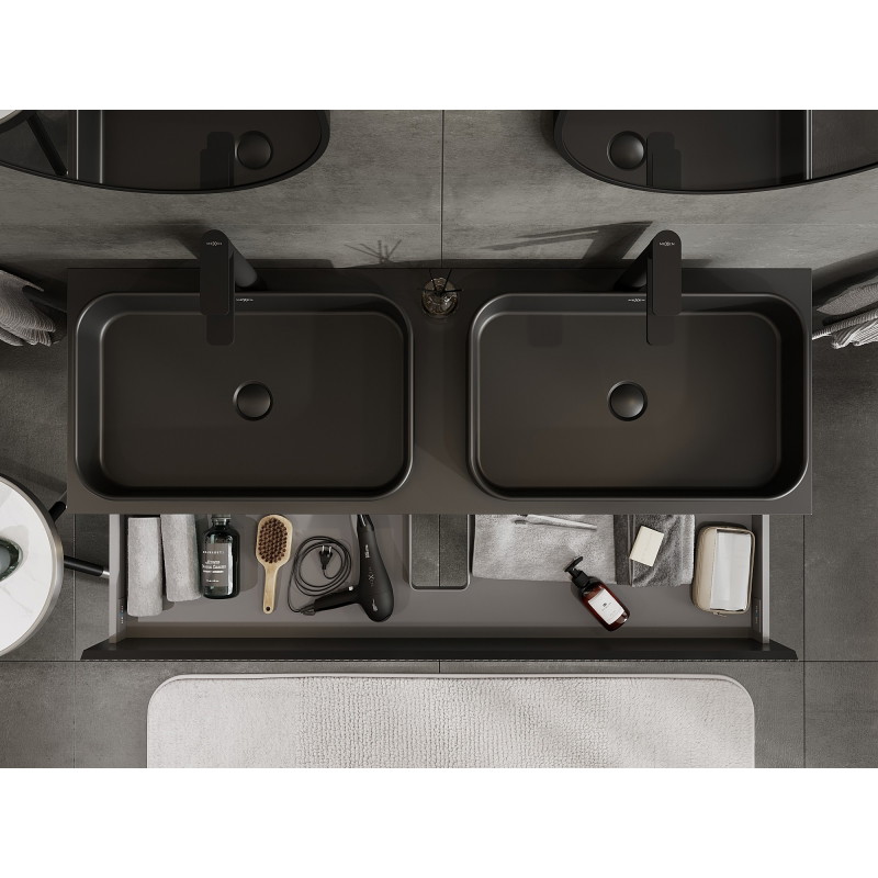 Mexen Rivel meuble de salle de bain sous-lavabo 140 cm avec plateau, 2 tiroirs, rainuré, noir mat - 91A20-14047-2-BFFC71