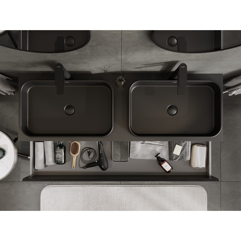 Mexen Rivel mobiletto da bagno sospeso 140 cm con piano, 2 cassetti, scanalato, nero opaco - 91A20-14047-2-BFFC71
