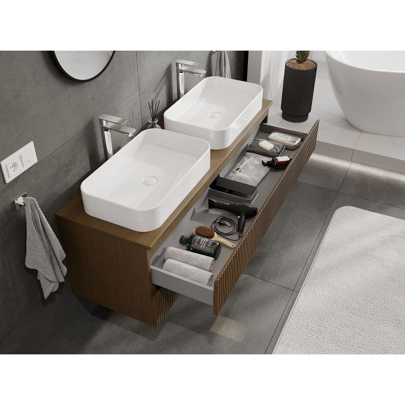 Mexen Rivel bathroom cabinet under-sink 140 cm with countertop, 2 drawers, grooved, walnut - 91A20-14047-2-BFFC86