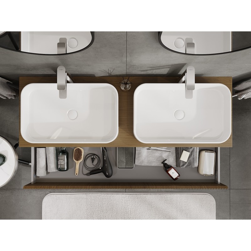 Mexen Rivel armario de baño bajo lavabo 140 cm con encimera, 2 cajones, ranurado, nogal - 91A20-14047-2-BFFC86