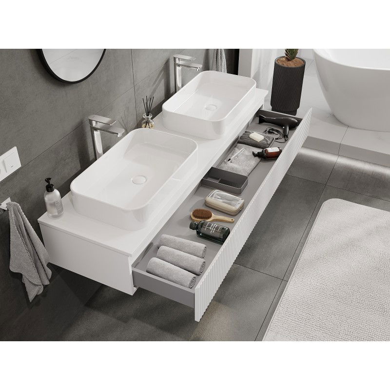 Mexen Rivel meuble de salle de bain sous-vasque 160 cm avec plateau, 1 tiroir, rainuré, blanc mat - 91A20-16023-1-BFC01