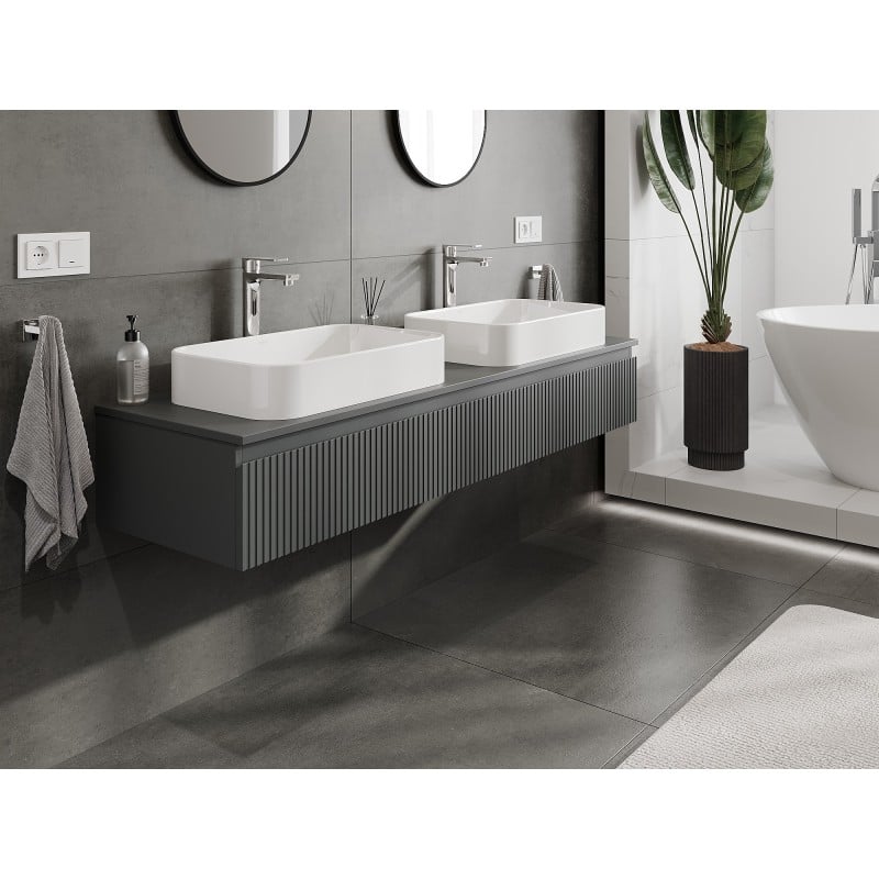 Mexen Rivel szafka łazienkowa podumywalkowa 160 cm z blatem, 1 szuflada, ryflowana , grafit mat - 91A20-16023-1-BFC66