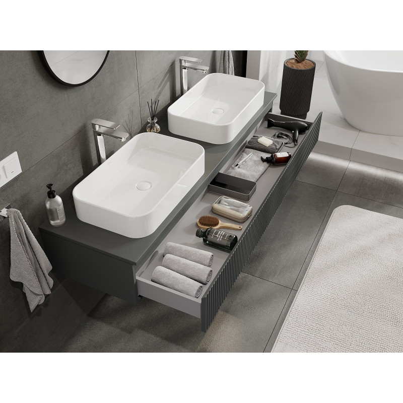Mexen Rivel mueble de baño bajo lavabo de 160 cm con encimera, 1 cajón, acanalado, grafito mate - 91A20-16023-1-BFC66