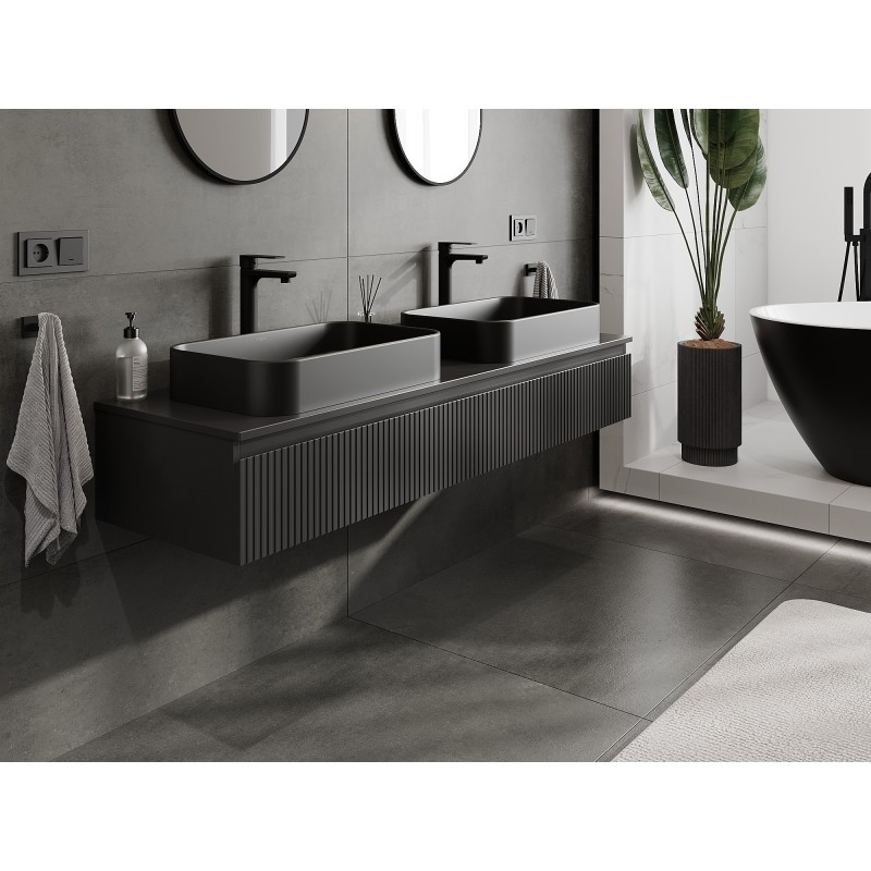 Mexen Rivel szafka łazienkowa podumywalkowa 160 cm z blatem, 1 szuflada, ryflowana , czarna mat - 91A20-16023-1-BFC71