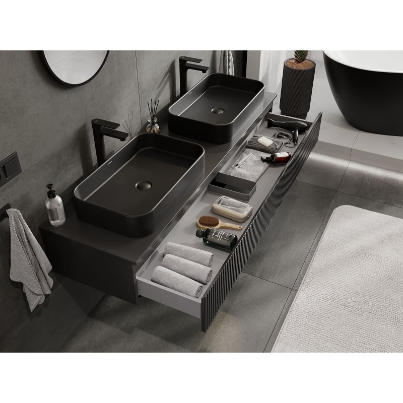 Mexen Rivel bathroom cabinet under sink 160 cm with countertop, 1 drawer, grooved, matte black - 91A20-16023-1-BFC71